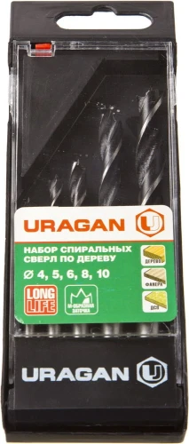 Набор спиральных сверл по дереву, 5 шт: 4-5-6-8-10 мм, URAGAN 29419-H5 — фото 2