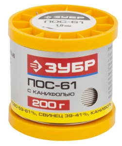 Трубка с канифолью, 1 мм, 200 г, припой, ЗУБР ПОС 61 55450-200-10C