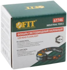 Фонарик с креплением на голову, 1 сверхъяркий светодиод 3 Вт + 2 LED красного цвета (3 ААА батарейки) FIT 67746