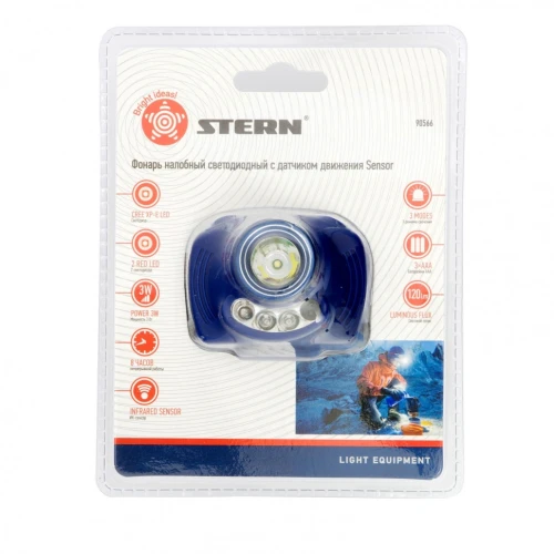 Фонарь наголовный Extreme, ABS, 3 режим, ИК сенсор, CREE XP-E Led 3Вт 120Лм + 2 reD, 8 ч, 3 х ААА Stern 90566 — фото 2