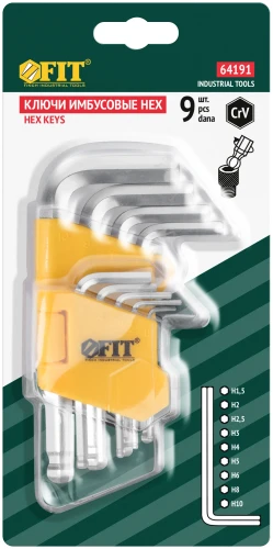 Ключи шестигранные, CrV сталь, 9 шт., 1,5-10 мм, с шаровым наконечником, в пластиковом держателе FIT 64191 — фото 3