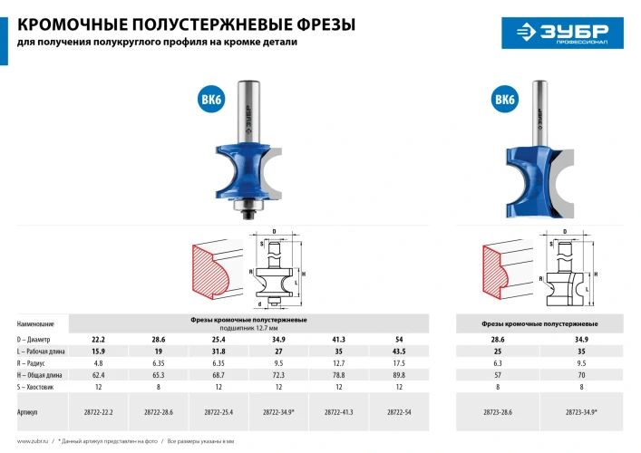Фреза полустержневая с подшипником, 22.2 x 25.4 мм, радиус 4.8 мм, ЗУБР 28722-22.2 — фото 7