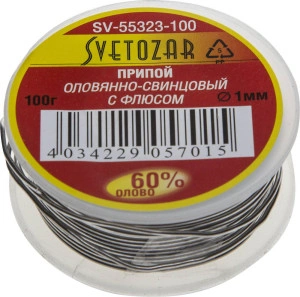 Катушка, 1 мм, 100 г, трубка с флюсом, припой, СВЕТОЗАР ПОС 61 SV-55323-100