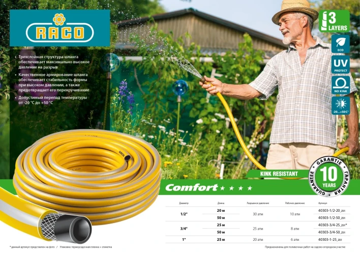 Поливочный шланг, 3/4", 50 м, 25 атм, трёхслойный, армированный, RACO COMFORT 40303-3/4-50_z01 — фото 6