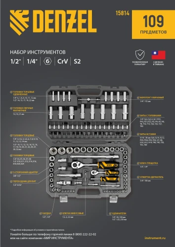 Набор инструментов, 1/2", 1/4", CrV, S2, пластиковый кейс, 109 предметов Denzel 15814 — фото 28