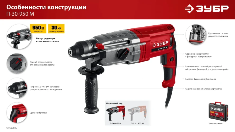 Мет. корпус, 30 мм, 950 Вт, перфоратор SDS Plus, ЗУБР П-30-950 М — фото 13