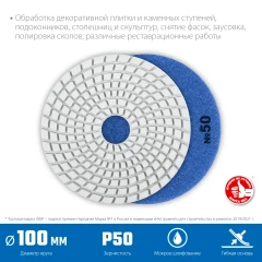 Алмазный гибкий шлифовальный круг АГШК, 100 мм, №50, мокрое шлифование, ЗУБР 29866-050