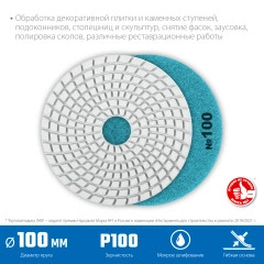 Алмазный гибкий шлифовальный круг АГШК, 100 мм, №100, мокрое шлифование, ЗУБР 29866-100