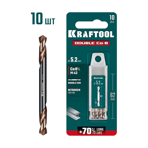 Класс А, DOUBLE Сo-8 5.2х62мм, Сверло двухстороннее по металлу, сталь M42(+8%Co), KRAFTOOL 29654-5.2-10 — фото 1