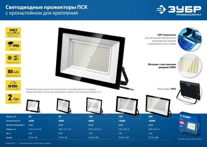Светодиодный прожектор, 30 Вт, 6500 К, IP 65, ЗУБР ПСК-30 57141-30 — фото 9