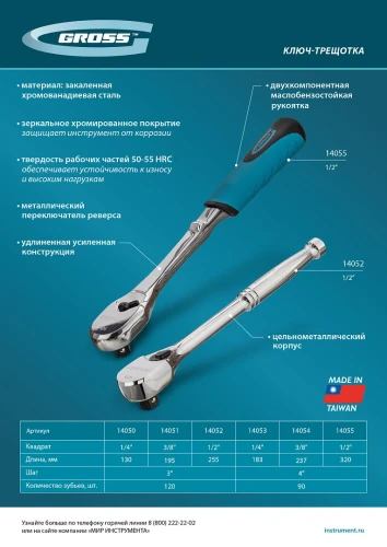 Ключ-трещотка 1/2", CrV, 90 зубьев, усиленный, хром Gross 14055 — фото 12