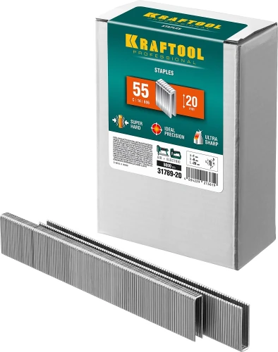 Скобы тип 55 (90/C), 20 мм, калибр 18GA. 5000 шт, KRAFTOOL 31789-20 — фото 1