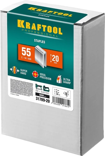 Скобы тип 55 (90/C), 20 мм, калибр 18GA. 5000 шт, KRAFTOOL 31789-20 — фото 2