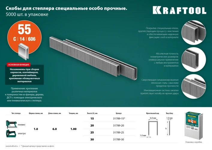 Скобы тип 55 (90/C), 20 мм, калибр 18GA. 5000 шт, KRAFTOOL 31789-20 — фото 5