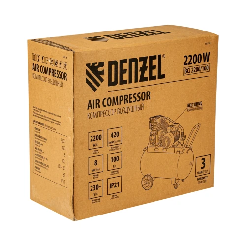 Компрессор воздушный рем. привод BCI 2200/100, 2,2 кВт, 100 литров, 420 л/мин Denzel 58116 — фото 6