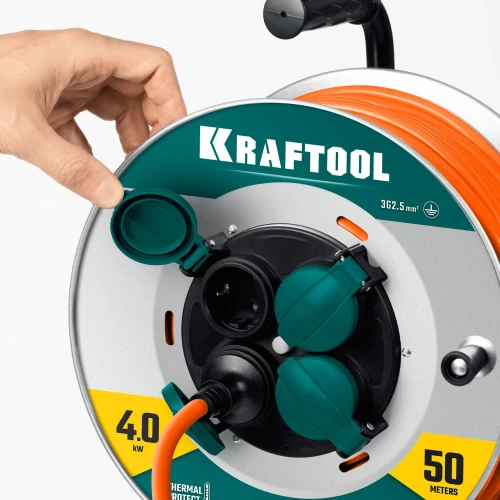 Силовой удлинитель на стальной катушкеEXPERT, ПВС 3х2.5 50м 4000Вт IP44, KRAFTOOL 55089-50 — фото 6