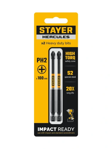 Торсионные биты, PH2, 100 мм, 2 шт, STAYER HERCULES 26231-2-100-2 — фото 1