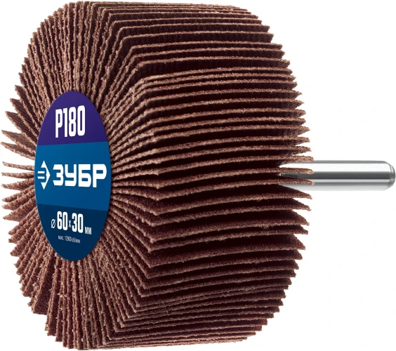Круг шлифовальный лепестковый, d 60 x 30 мм, P180, на шпильке d 6 мм, ЗУБР 36602-180_z01 — фото 1