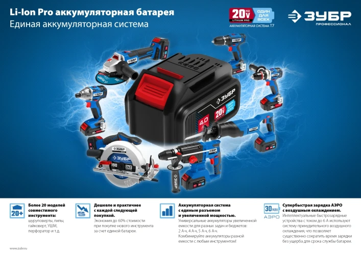 Аккумуляторная батарея, 20 В, 4.0 А·ч, ЗУБР T7 ST7-20-4 — фото 7