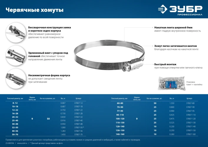 Червячный хомут, 20 - 32 мм, накатная лента 9 мм, цинк, 50 шт, ЗУБР Х-9Н 37807-32 — фото 9