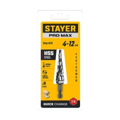 Сверло ступенчатое, Pro-Max 4-12мм, 9 ступеней, винтовая спираль, STAYER 29661-4-12-9