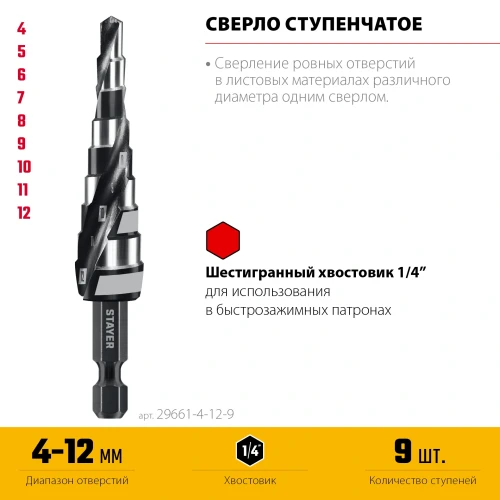 Сверло ступенчатое, Pro-Max 4-12мм, 9 ступеней, винтовая спираль, STAYER 29661-4-12-9 — фото 3