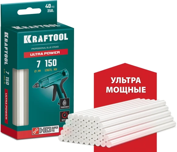 Ультрамощные клеевые стержни, 7 х 150 мм, 40 шт, прозрачные, KRAFTOOL Ultra Power 06837-40 — фото 1