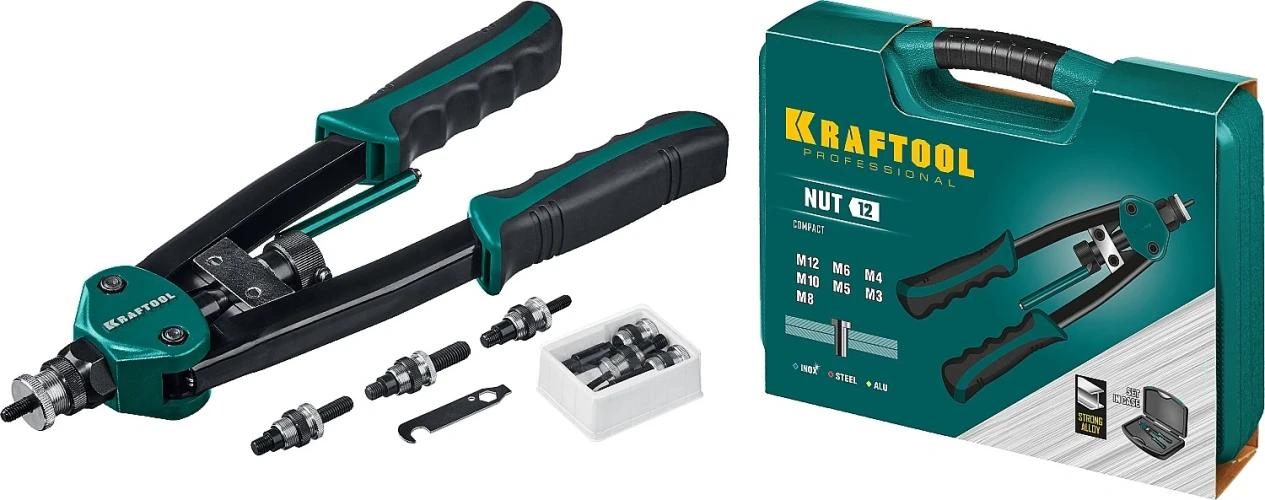 Резьбовой двуручный заклепочник в кейсе, М3 - М12, 380 мм, KRAFTOOL NUT-12 31183 — фото 1