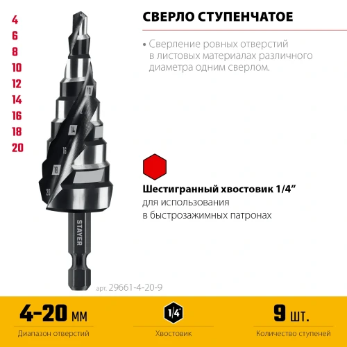Сверло ступенчатое, Pro-Max 4-20мм, 9 ступеней, винтовая спираль, STAYER 29661-4-20-9 — фото 3