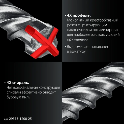 SDS-plus бур, ПРОФИ-4Х 25x1200 мм, ЗУБР 29313-1200-25 — фото 4