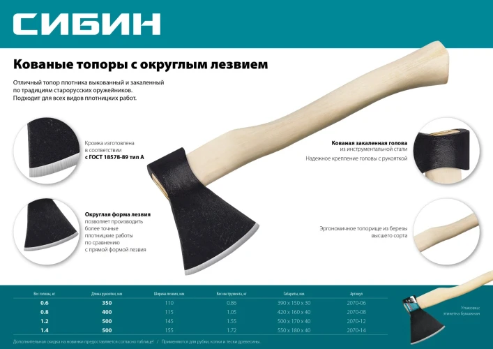 Кованый топор с округлым лезвием, 600/850 г, 350 мм, СИБИН 2070-06 — фото 3