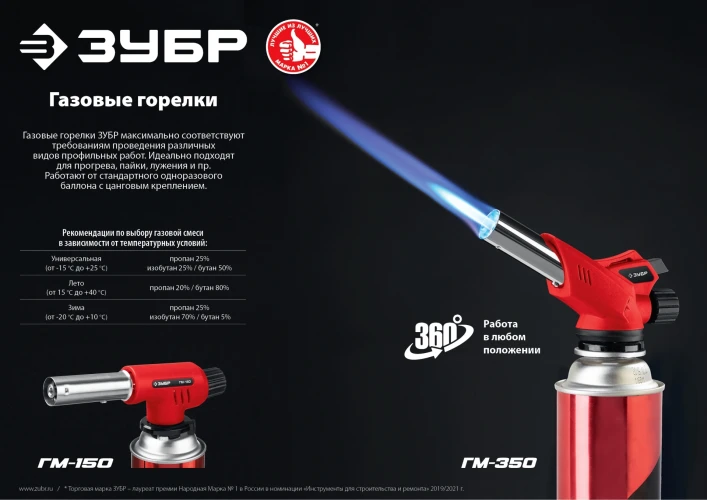 ГМ-350, 1300°C, газовая горелка с пьезоподжигом на баллон с цанговым соединением, ЗУБР 55553 — фото 9