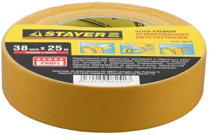 Двухсторонняя клейкая лента, 38 мм, 25 м, на тканевой основе, STAYER 1217-38-25