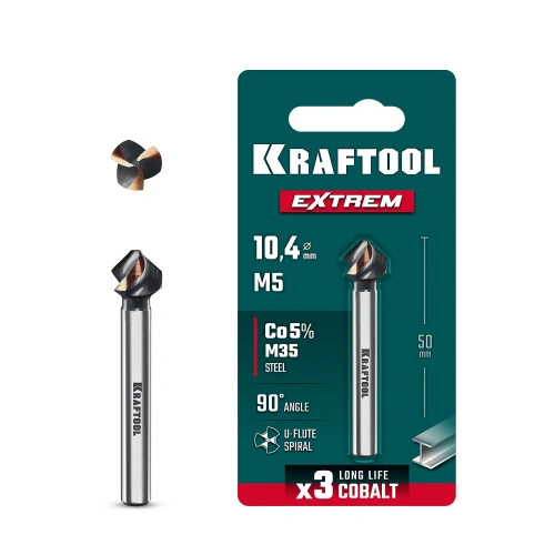 Зенковка, d 10.4х6х50 мм, Z3, 90°, сталь M35, U-образная спираль, KRAFTOOL EXTREME Со5-А 29734-5 — фото 1