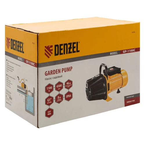 Садовый поверхностный насос GP1100C, 1100 Вт, 4500 л/ч, подъем 46 м, чугун Denzel 97203 — фото 10