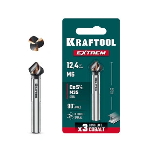 Зенковка, d 12.4х8х56 мм, Z3, 90°, сталь M35, U-образная спираль, KRAFTOOL EXTREME Со5-А 29734-6