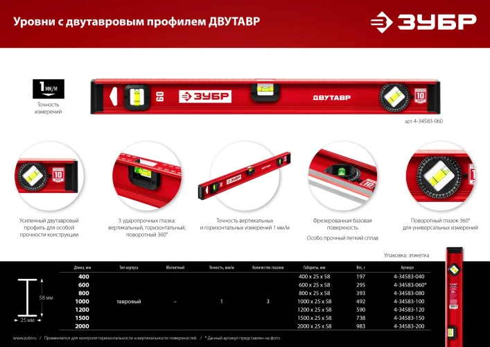 Уровень с усиленным профилем, 800 мм, двутавровый, ЗУБР ДВУТАВР 4-34583-080_z01 — фото 6