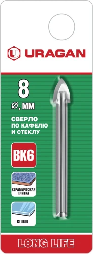 Сверло по стеклу и кафелю, 8 мм, 2х кромка, цилиндр хвостовик, URAGAN 29830-08 — фото 2