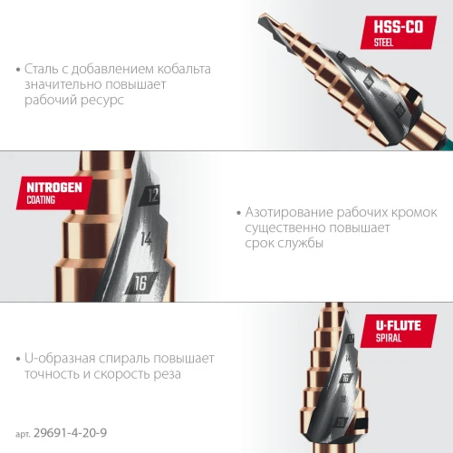 Сверло ступенчатое, COBALT 4-20мм, 9 ступеней, азотирование, винтовая спираль, KRAFTOOL 29691-4-20-9 — фото 4