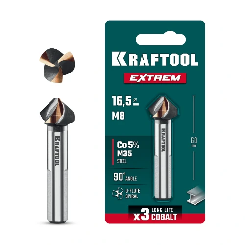 Зенковка, d 16.5х10х60 мм, Z3, 90°, сталь M35, U-образная спираль, KRAFTOOL EXTREME Со5-А 29734-8 — фото 1