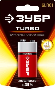 Алкалиновая батарейка, 6LR61 (крона), 1 шт, 9 В, ЗУБР TURBO 59219_z01