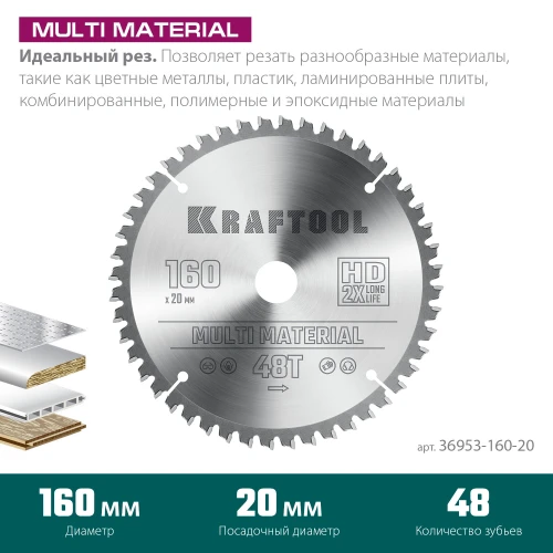 Пильный диск по алюминию, 160 х 20 мм, 48Т, KRAFTOOL Multi Material 36953-160-20 — фото 3