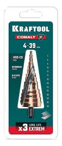 Сверло ступенчатое, COBALT 4-39мм, 14 ступеней, азотирование, винтовая спираль, KRAFTOOL 29691-4-39-14 — фото 2