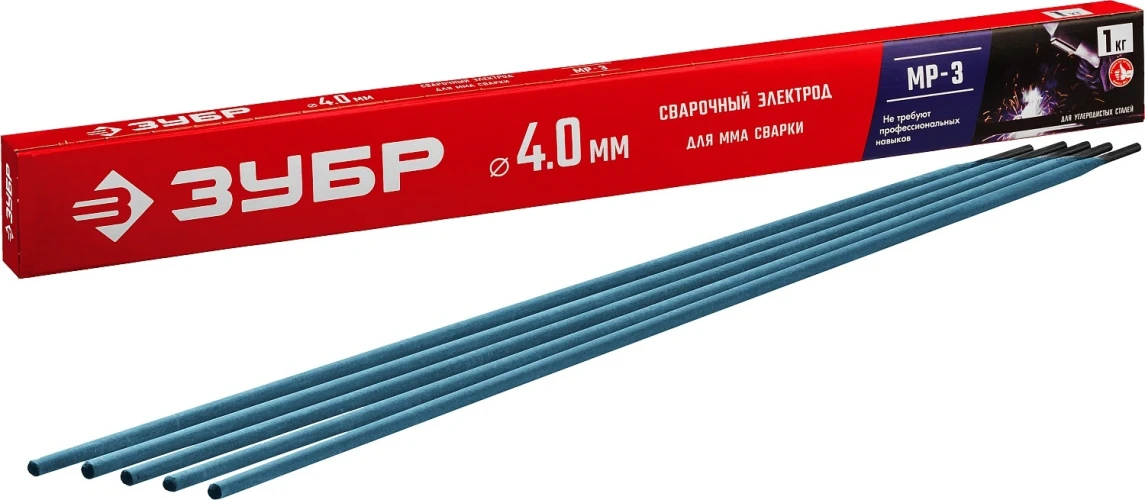 Электрод сварочный, Д 4.0 х 450 мм, 1 кг в коробке, МР-3 рутиловый, ЗУБР 40011-4.0 — фото 1
