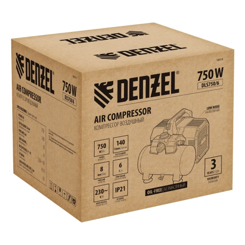 Компрессор DLS750/6 безмасляный малошумный 750 Вт, 140 л/мин,ресивер 6 л Denzel 58019 — фото 7