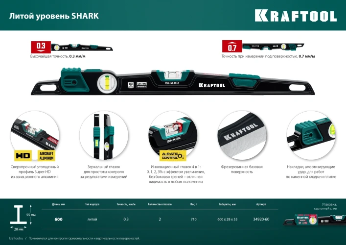 Литой уровень, 600 мм, с инновационным зеркальным глазком, KRAFTOOL A-RATE CONTROL Shark 34920-60 — фото 8