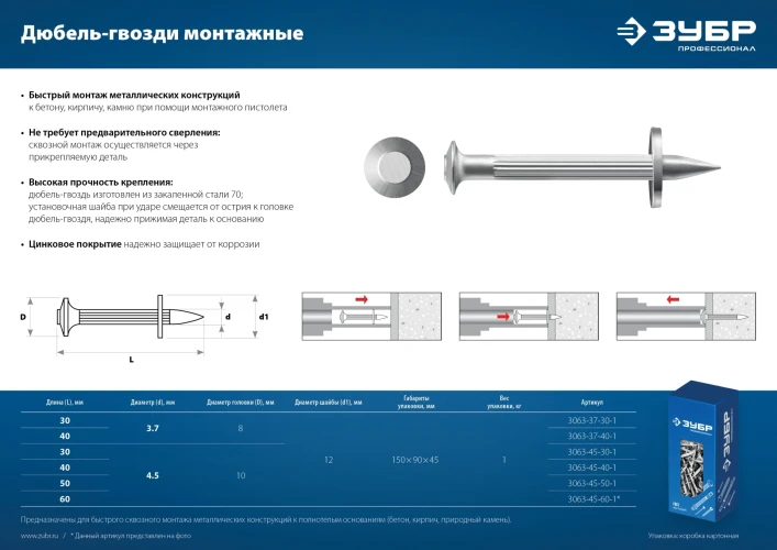 Монтажный дюбель-гвоздь, 40 x 3.7 мм, цинк, 1 кг, ЗУБР ДГМ 3063-37-40-1 — фото 3