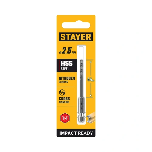 НЕХ-1/4", d 2.5 х 79 мм, сверло по металлу для винтовёртов и шуруповертов IMPACT READY STAYER 29603-2.5 — фото 2