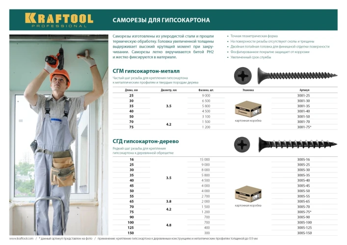 Саморез гипсокартон-дерево, 65 х 3.8 мм, фосфатированное покрытие, 2000 шт (7, 32 кг.), KRAFTOOL СГД 3005-65 — фото 3