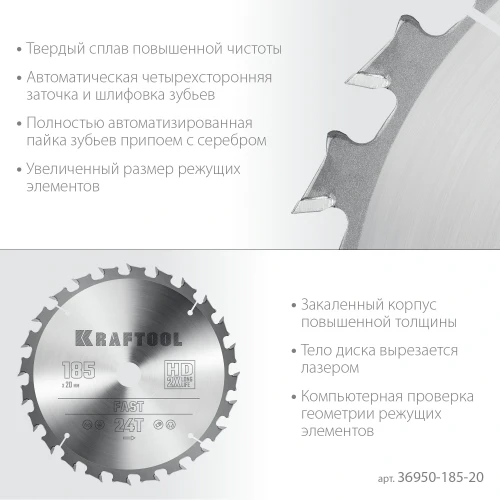 Пильный диск по дереву, 185 х 20 мм, 24Т, KRAFTOOL Fast 36950-185-20 — фото 4